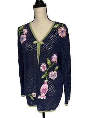 Storybook Knits Open Knit Vase Flowers Embellished Cardigan Sweater Size L